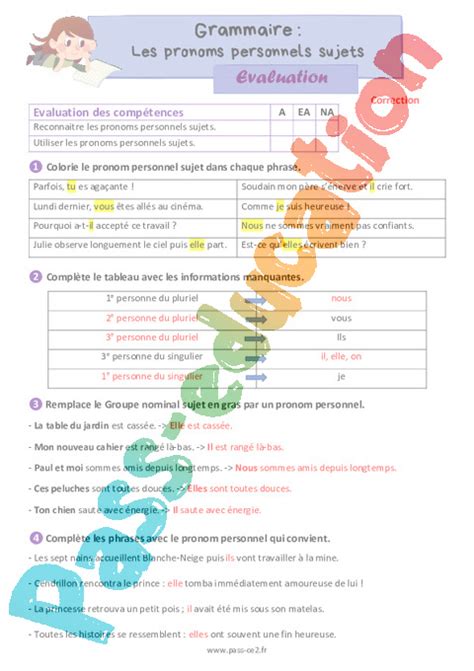 Les Pronoms Personnels Sujets Valuation Grammaire Pour Le Ce Pdf