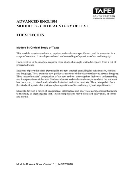 Advanced English Module B Critical Study Of Text