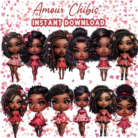 Amour Chibis African American Valentine Clipart High Quality Pngs