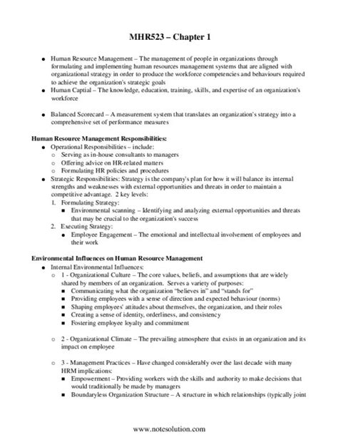 Mhr 523 Textbook Notes Summer 2011 Chapter 1 Human Resource