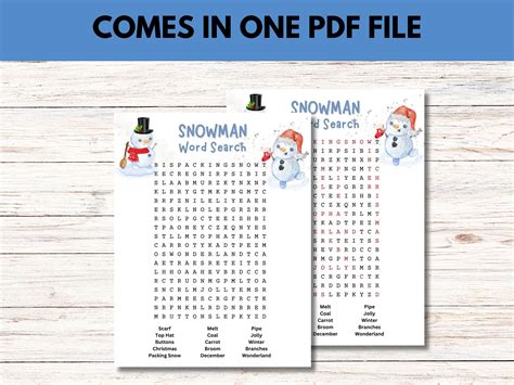 Snowman Word Search Printable Christmas Word Find Winter Word Hunt Etsy