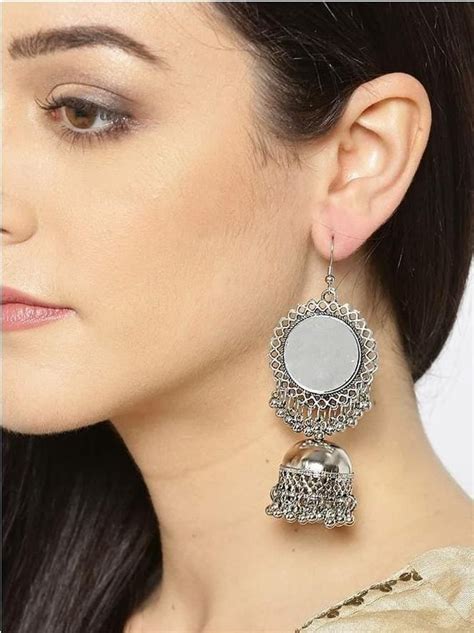 Alloy Round Oxidized Silver Mirror Chand Jhumki Earrings Size Non