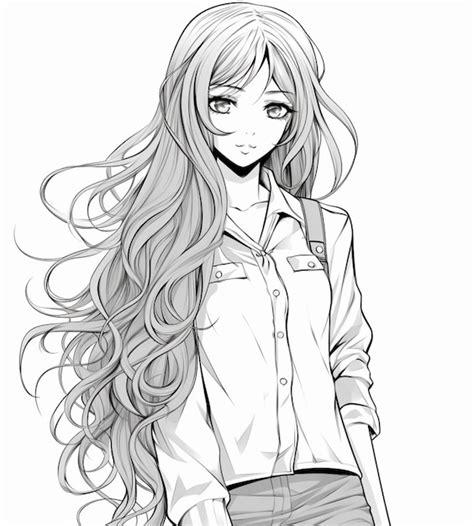 Un Dibujo De Una Chica Con El Cabello Largo Y Una Camisa Generativa Ai