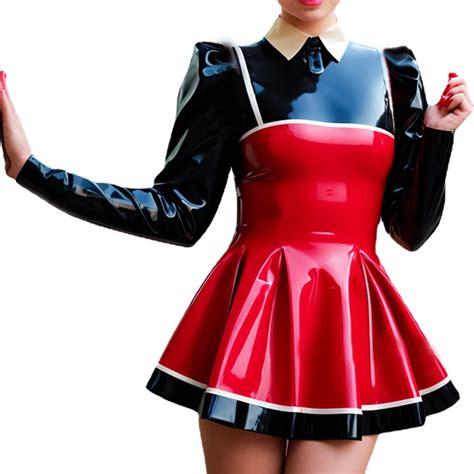 Wetlook Gl Nzend Pvc Patchwork Sexy Revers Hals Puff Rmel A Linie Kleid