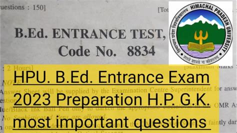 Hpu B Ed Entrance Most Important H P G K Questions Hpushimla Hpuexams