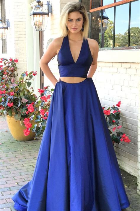 Simply Two Piece Halter Royal Blue Long Prom Dress With Pockets Prom