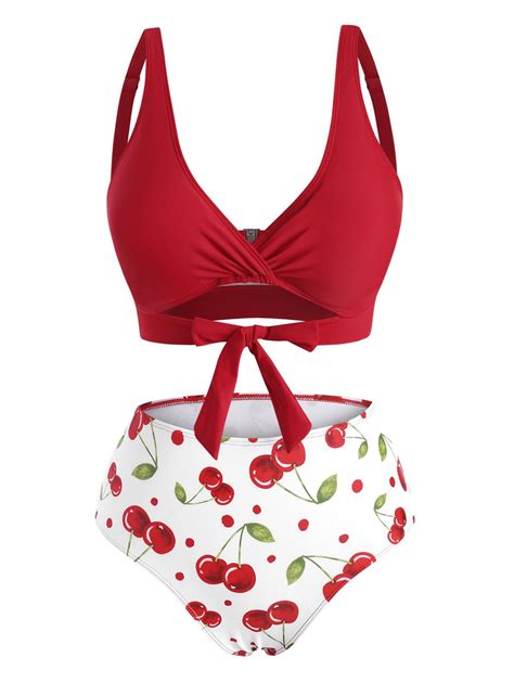 [42 Off] 2021 Knot Cherry Print Bikini Swimwear In Lava Red Dresslily