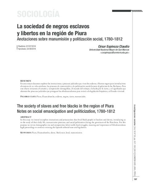 Pdf 2014 La Sociedad De Negros Esclavos Y Libertos En La Región De Piura Anotaciones Sobre