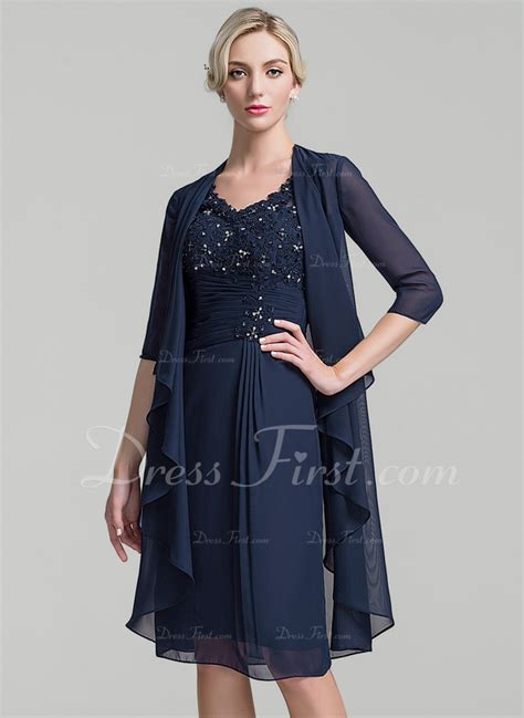 Sheath Column V Neck Knee Length Chiffon Mother Of The Bride Dress With