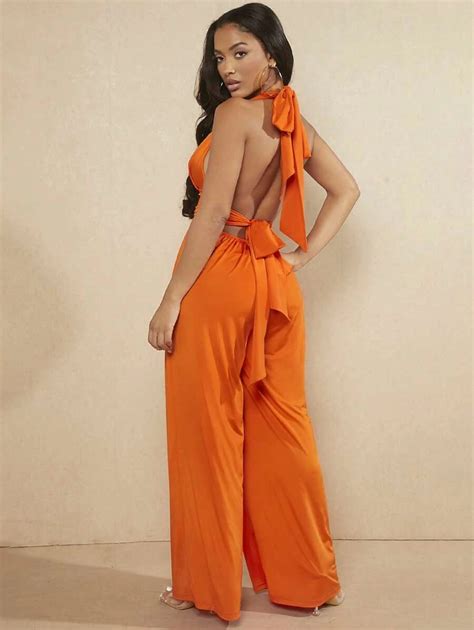 Mienne Plunging Neck Backless Halter Neck Wide Leg Jumpsuit Shein Usa