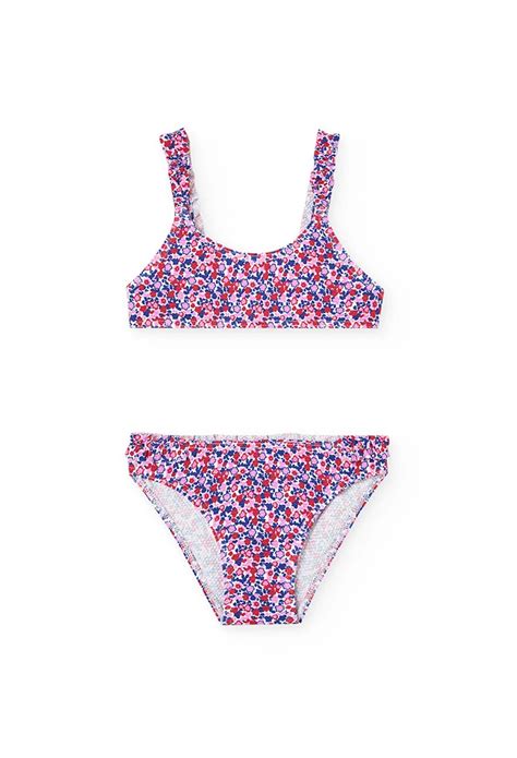 Bikini de poliamida para niña con estampado de flores en color rojo y