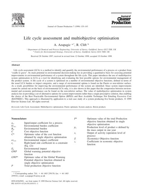 Pdf Life Cycle Assessment And Multiobjective Optimization