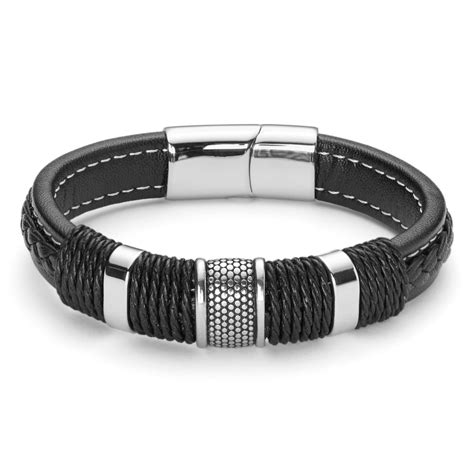 Black Leather And Silver Tone Stainless Steel Icon Bracelet In Stock