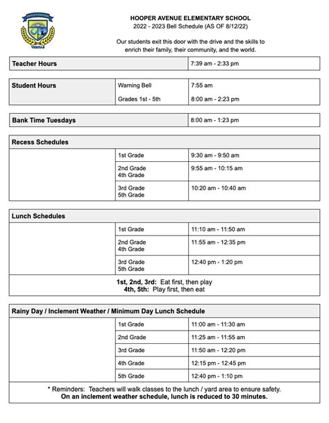 Bell Schedules Our School Hooper Avenue Elementary School