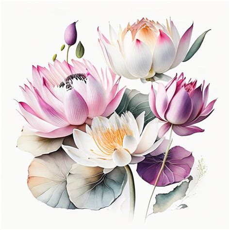 Watercolor Painting Of Lotus Flowers On White Background Digital