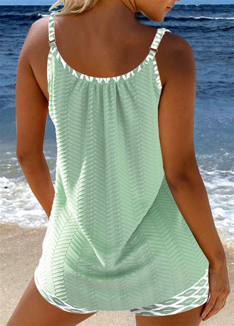 Bowknot Geometric Print Sage Green Tankini Set Usd 37 98