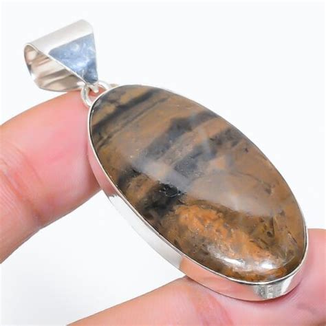 Bois Jasper Pierre Précieuse Main 925 Argent Sterling Bijoux Pendentif