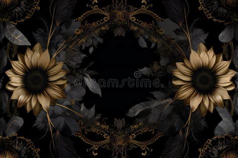 Illustration Of A Black Background With Gold Floral Ornament And