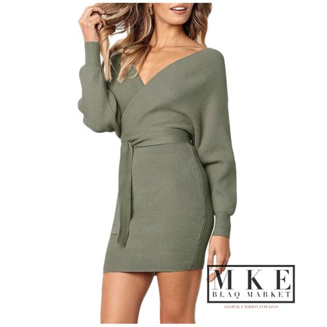 Smart Buys Olive Long Sleeve V Neck Tied Sweater Dress Starting From