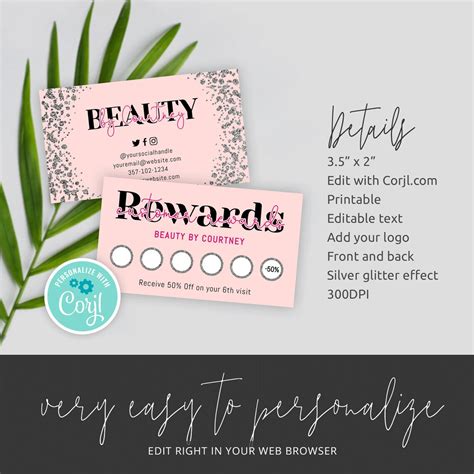 Silver Glitter Rewards Card Template Printable Loyalty Club Etsy