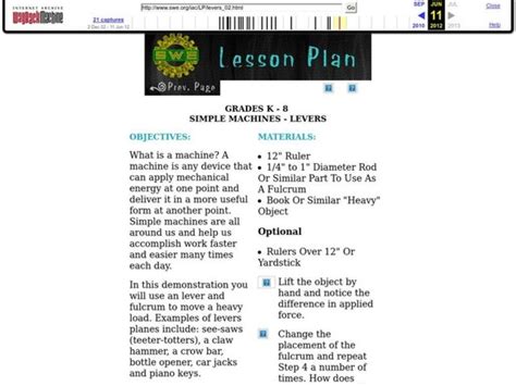 Simple Machines Levers Lesson Plan For Kindergarten 8th Grade