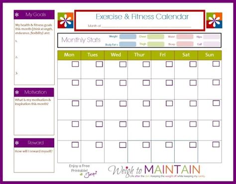 New and Improved Printable Fitness Calendar - Weigh to Maintain ...