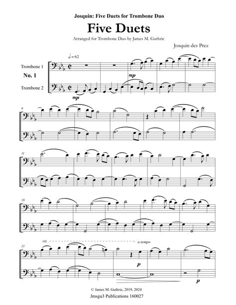 Josquin Five Duets For Trombone Duo Arr James M Guthrie By Josquin