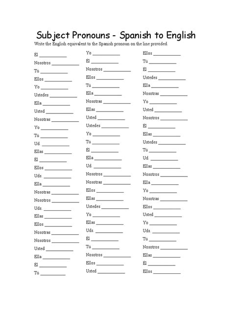 Subject Pronouns In Spanish Worksheet