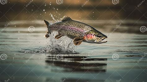 Fishing Rainbow Trout Fish Jumping With Splashing In Water Stock