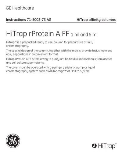 Hitrap Rprotein A Ff Ml And Ml Ge Healthcare Life Sciences