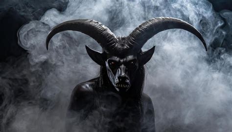 Premium Photo Scary Black Horned Demon In Black Smoke Spooky Monster