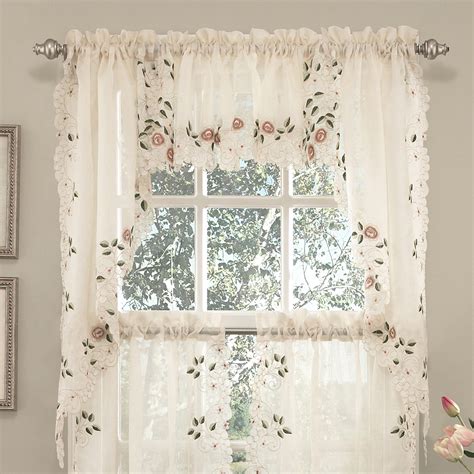 Rosemary Floral Embroidered Semi-Sheer Kitchen Curtain 36" Tier Swag ...