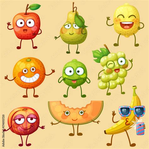 Funny Fruit Characters Isolated On White Background Cheerful Food