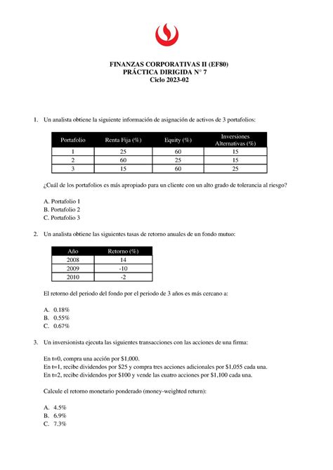 PD N 07 Hoja de preguntas FINANZAS CORPORATIVAS II EF80 PRÁCTICA