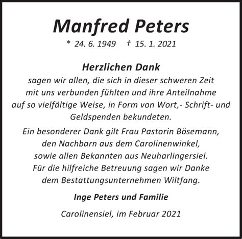 Traueranzeigen Von Manfred Peters Nordwest Trauer De