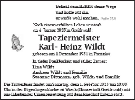 Traueranzeigen Von Karl Heinz Wildt Trauer Nordkurier