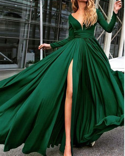 LP3375 Silk Long Sleeved Evening Prom Dresses 2022 V neck Formal Gown ...