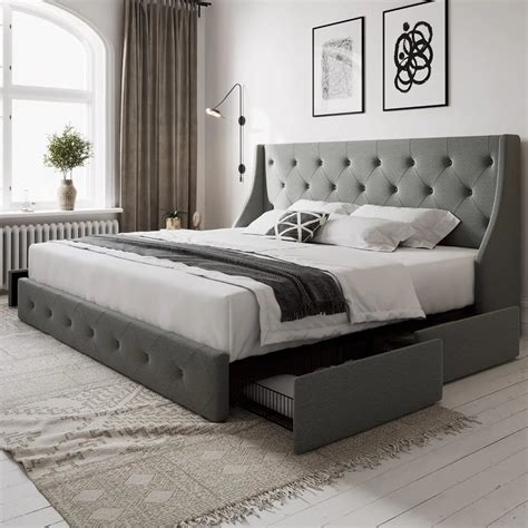 Bedroom furniture: full-size bed frame with 4 storage drawers and wing ...