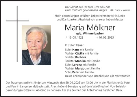 Maria Mölkner Traueranzeige trauer inFranken de