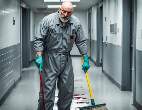 A Bald Male Janitor With A Grey Beard Wearing Grey Coveralls And