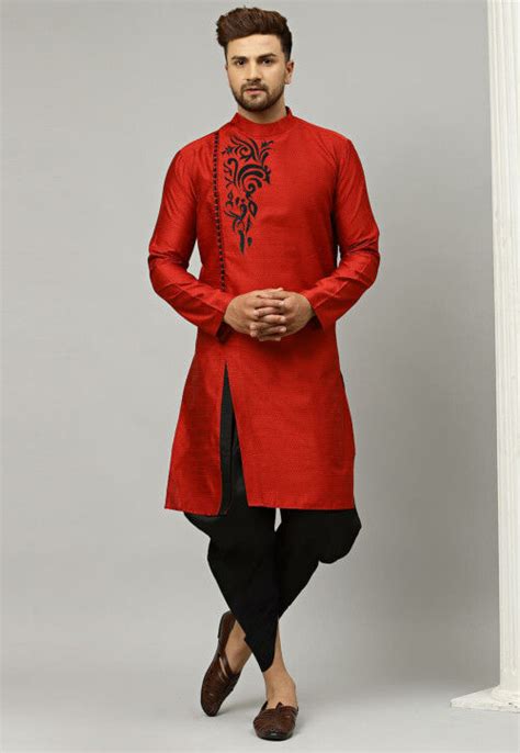 Buy Embroidered Dupion Silk Dhoti Kurta In Red Online MVE2350 Utsav