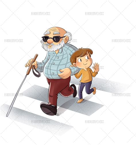 Ilustración de un niño ayudando a un anciano ciego a cruzar la calle