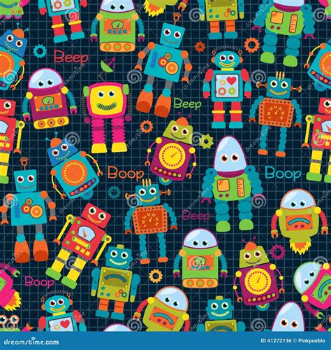 Seamless Tileable Vector Background Pattern With Cute Robots Stock