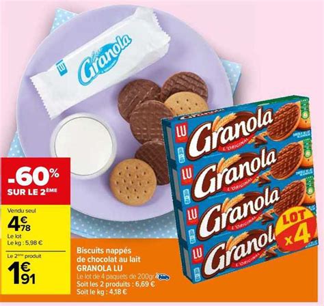 Promo Biscuits Nappés De Chocolat Au Lait Granola Lu chez Carrefour