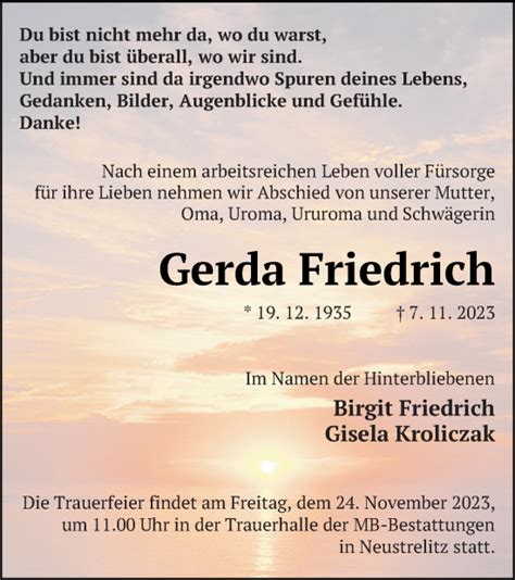 Traueranzeigen Von Gerda Friedrich Trauer Nordkurier