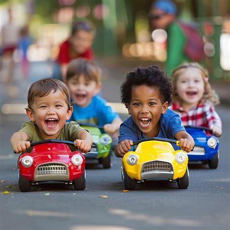 Premium Photo Portrait Of Happy Faces Kids Racing Toy Cars