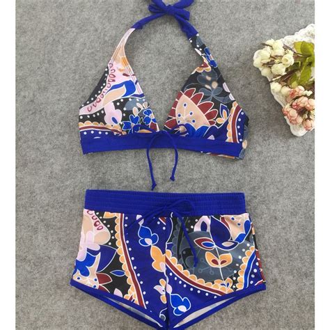 2021 Brazilian Vintage Women Bikini Set Sexy Printed Halter Push Up Bra Swimming Shorts Bathing