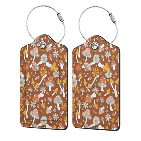 Disketp 2 Pcs Luggage Tag For Suitcase Floral Hippie Mushrooms Leather