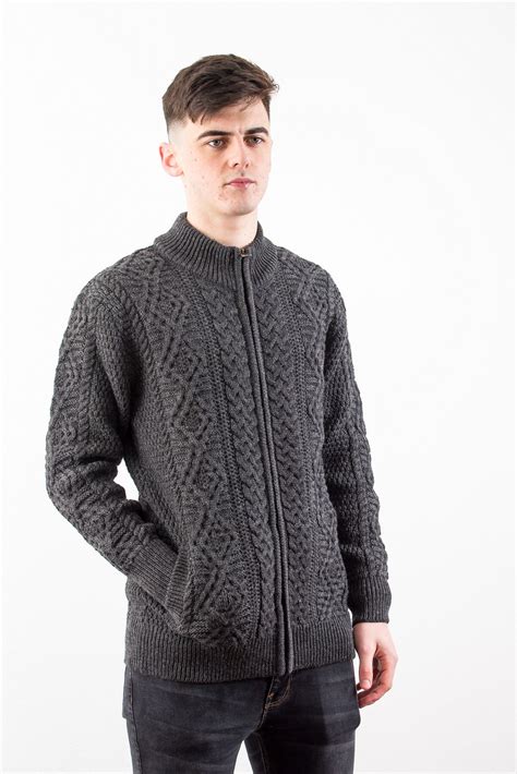 Mens Merino Wool Fisherman Full Zip Sweater Skellig Gift Store