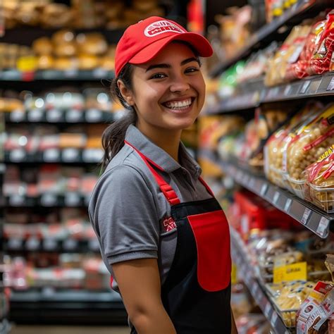 Uma Jovem Funcion Ria De Supermercado Sorridente Olhando Para A C Mera